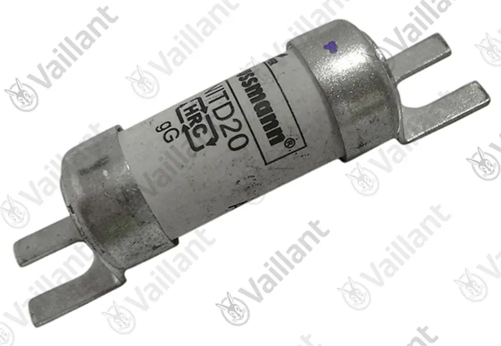 Vaillant-Sicherung in zylindrischer Form mit zwei Anschlüssen. Metalldesign mit beschrifteter Fläche.